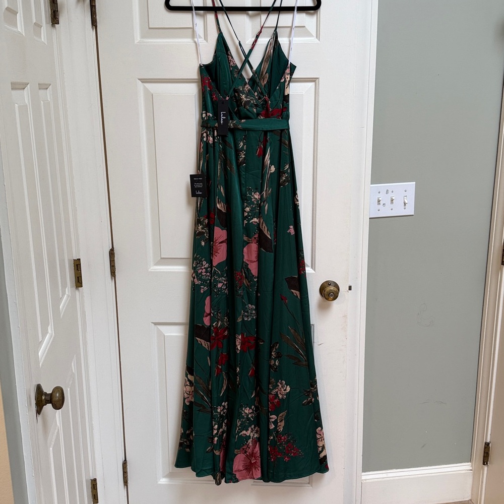 NWT Lulu’s Green Floral Satin Wrap Style Maxi Dress Sz L - Picture 5 of 10